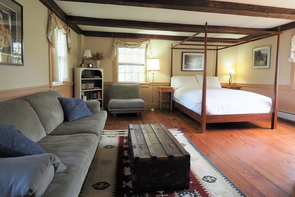 A bedroom with a four-poster bed, a sofa, a small armchair, a bedside table with a lamp, a bookshelf, and a large window with curtains.