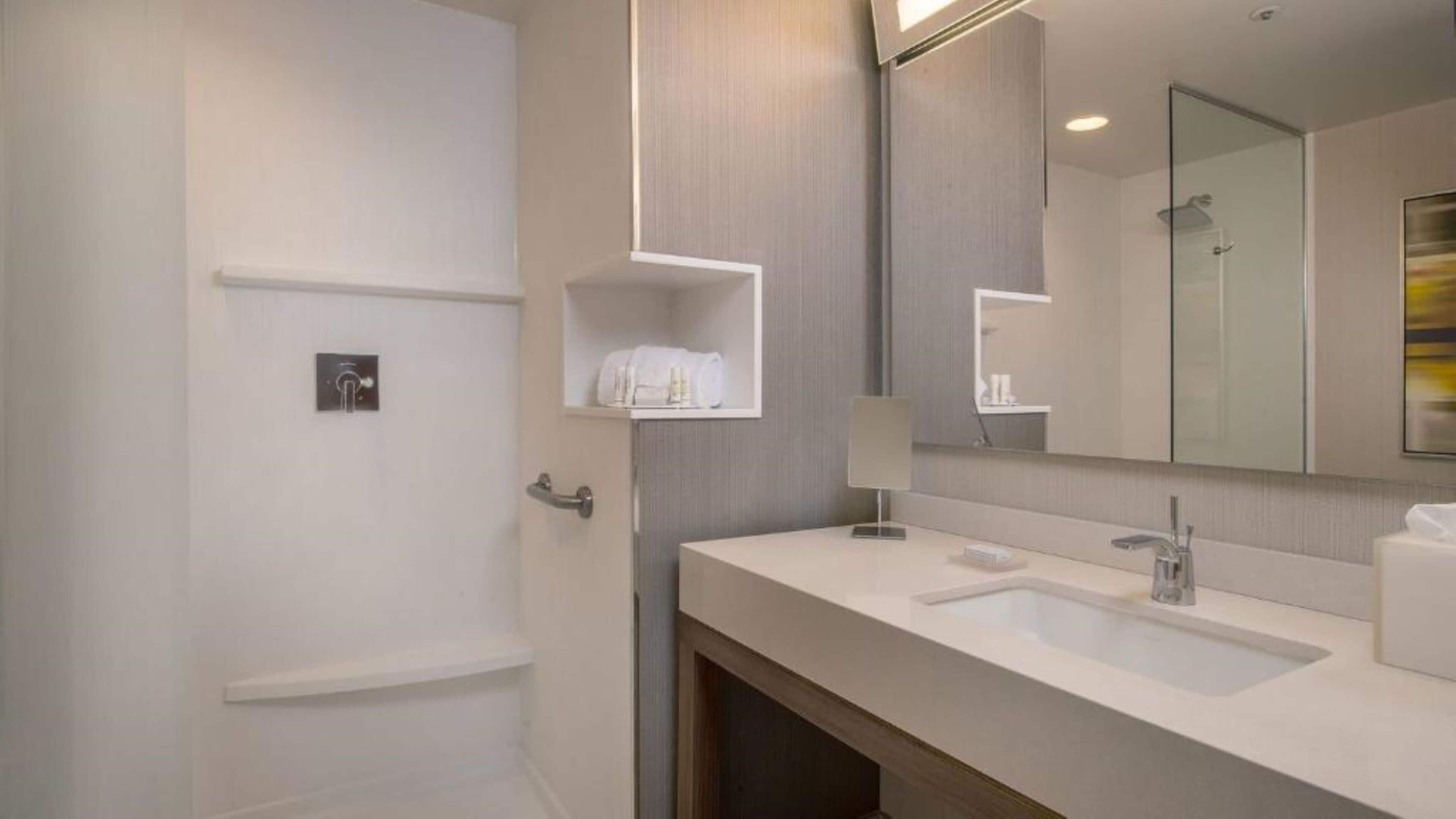 designer toiletries, hair dryer, towels