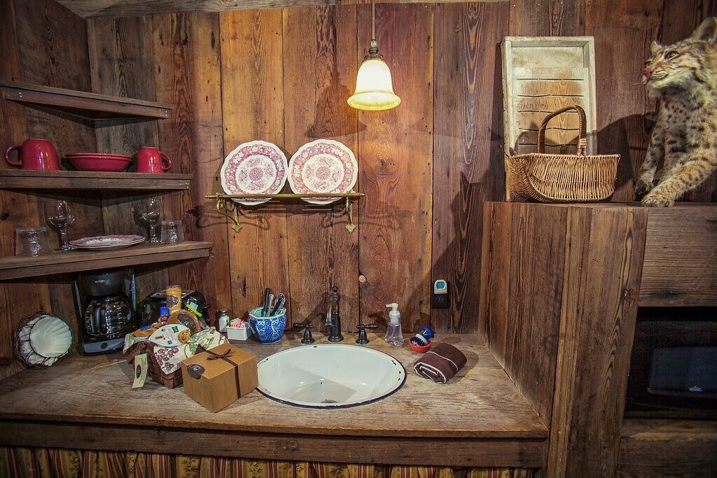 A rustic kitchen with wooden walls, a wooden countertop, a sink, and a hanging light fixture.