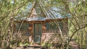 Un chalet rustique avec une porte verte, entouré d’arbres.