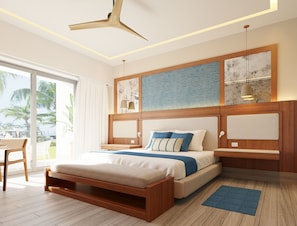 A modern bedroom with a large bed, wooden headboard, and a view of palm trees. - Devossion By Live Aqua Celebration Resort & Spa Isla Mujeres (Isla Mujeres)