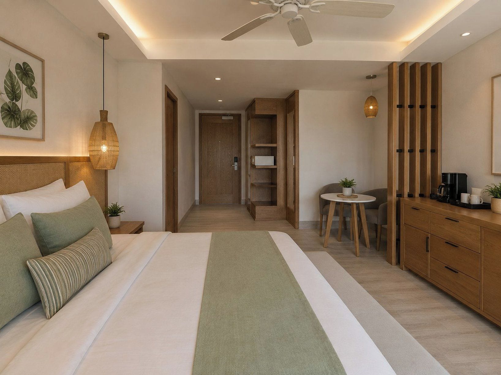 A modern bedroom with a bed, bedside tables, a desk, and a ceiling fan.