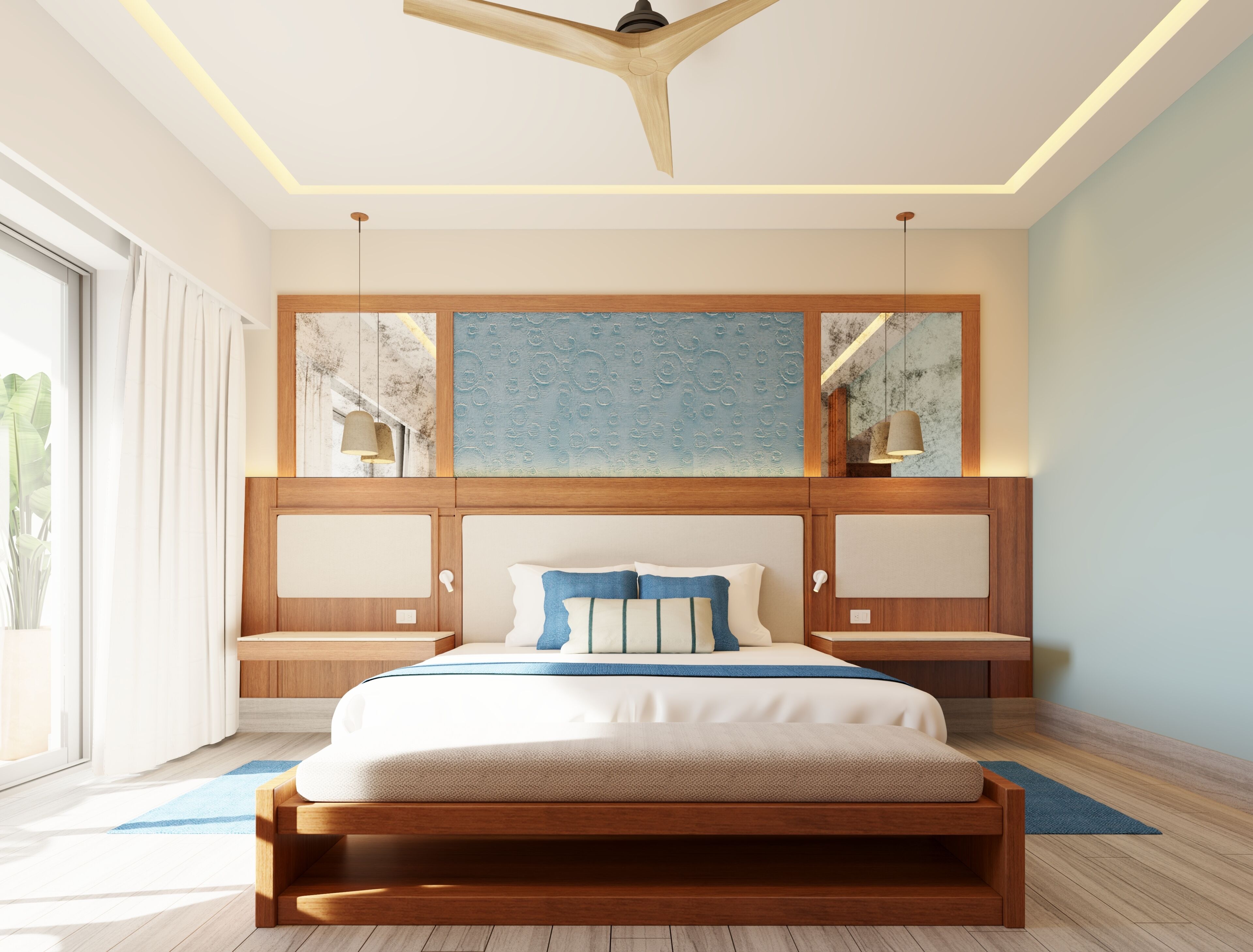 Um quarto moderno com uma cama grande, cabeceira de madeira e ventilador de teto.