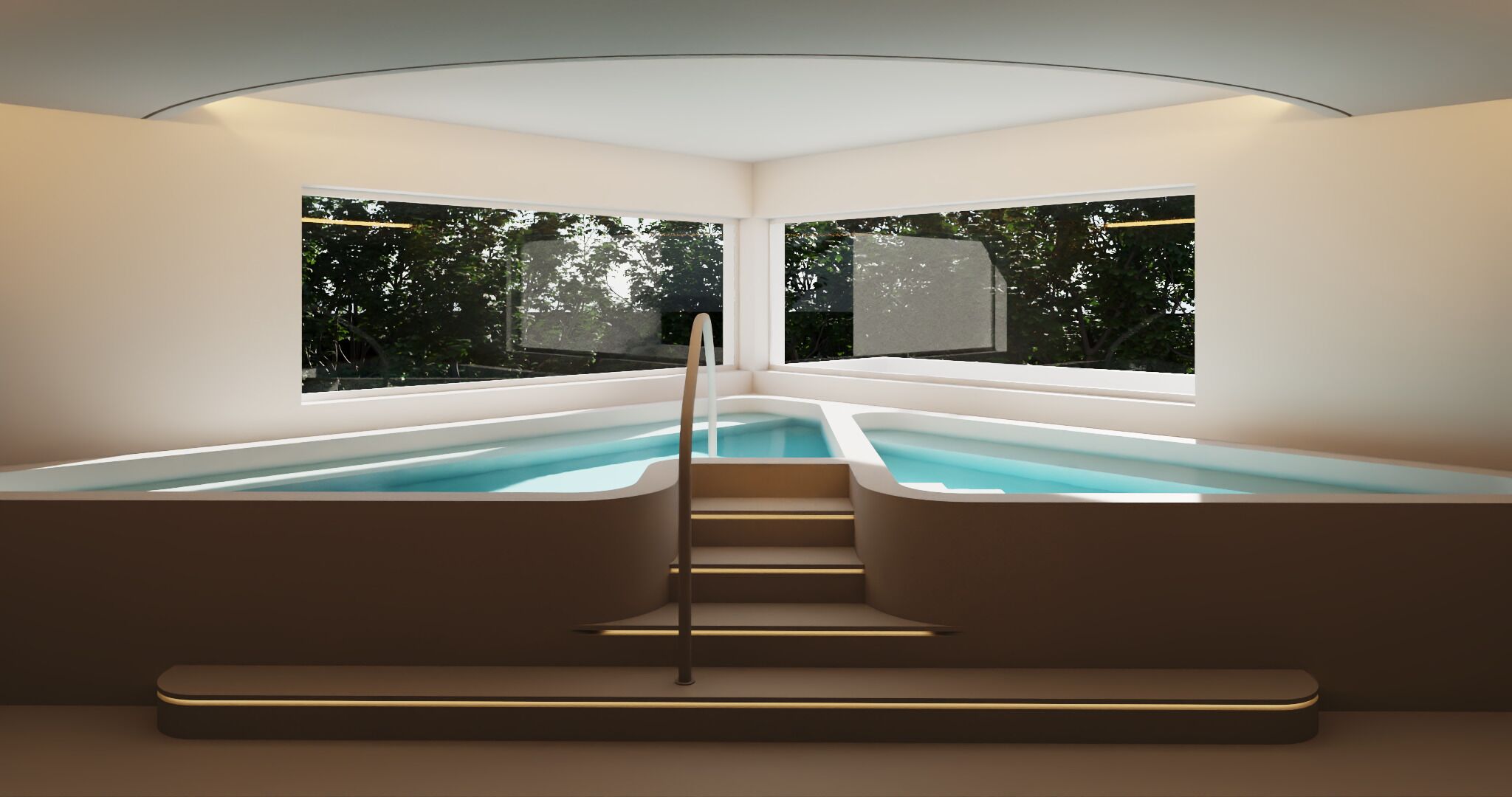 A modern spa with a hot tub, a staircase leading to it, and large windows offering a view of greenery.
