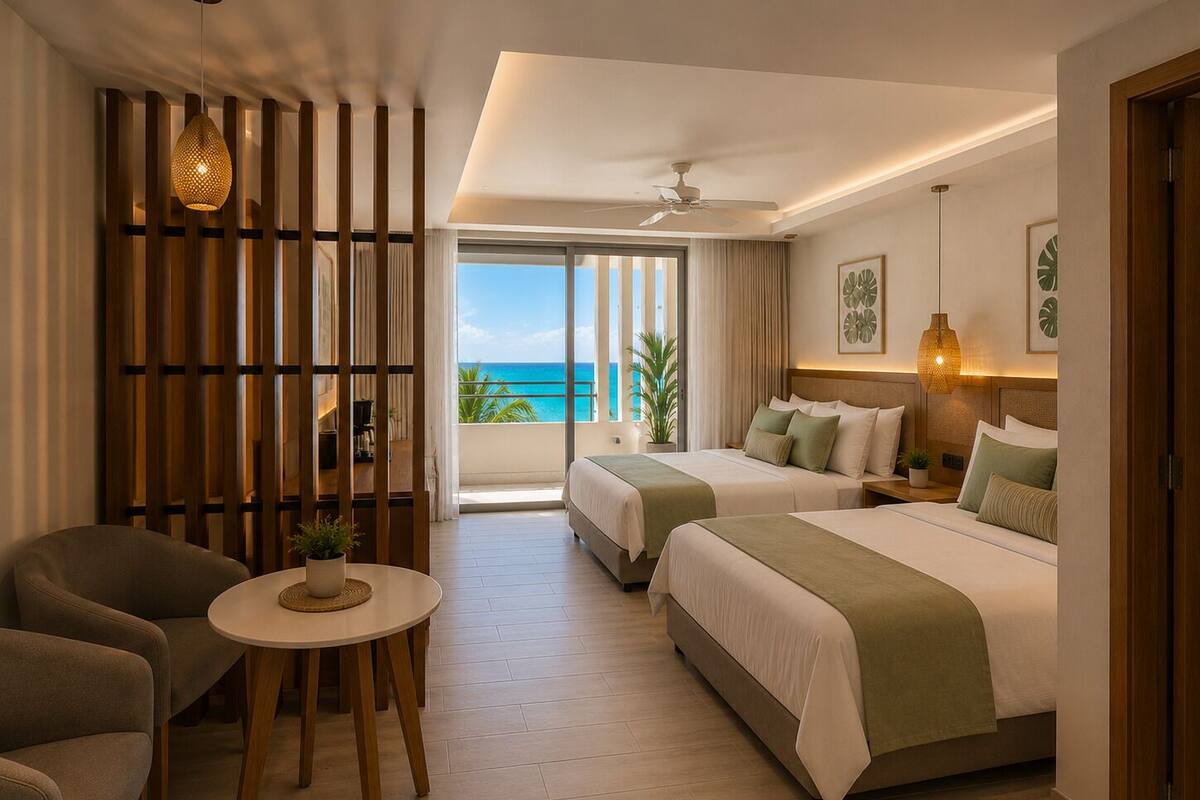 Suite junior, 2 camas matrimoniales | Ropa de cama de alta calidad y caja de seguridad en la habitación