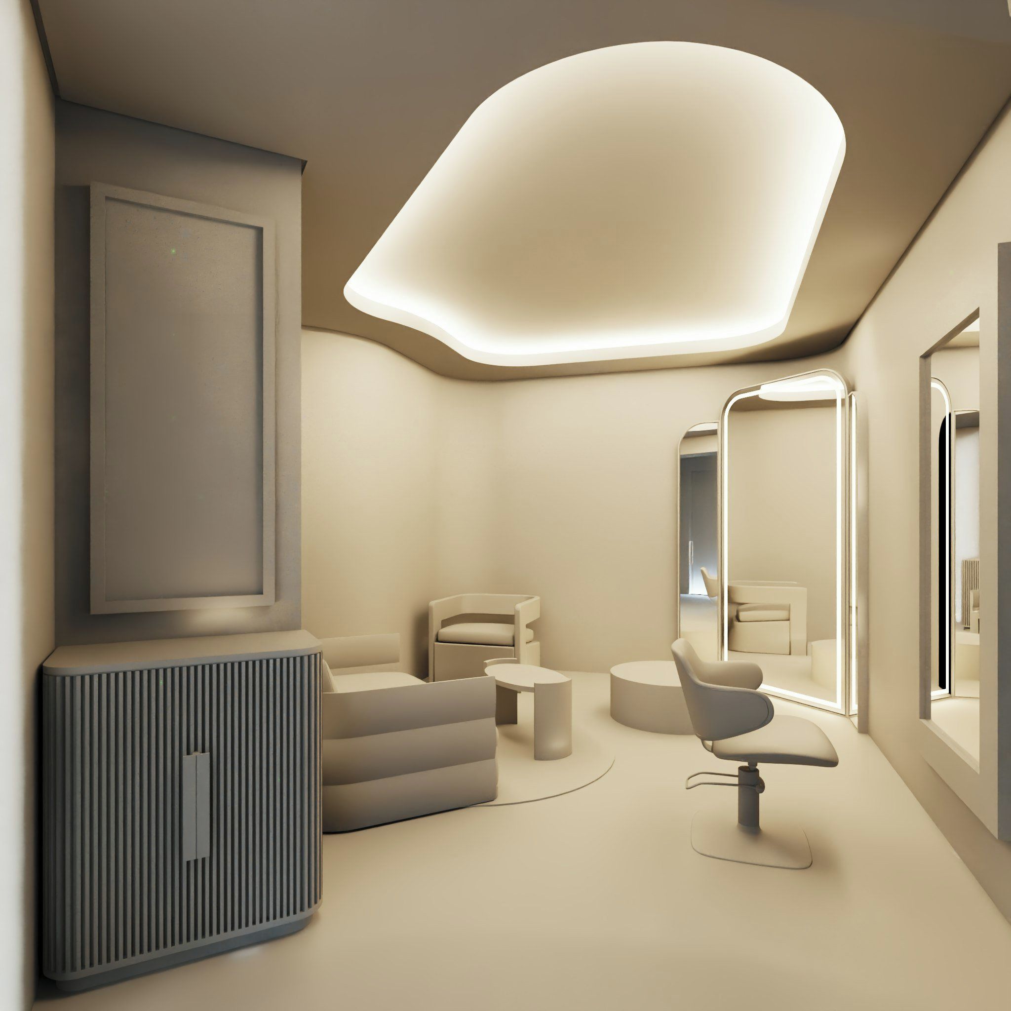 Un interior moderno con un espejo grande, un sofá y una silla.