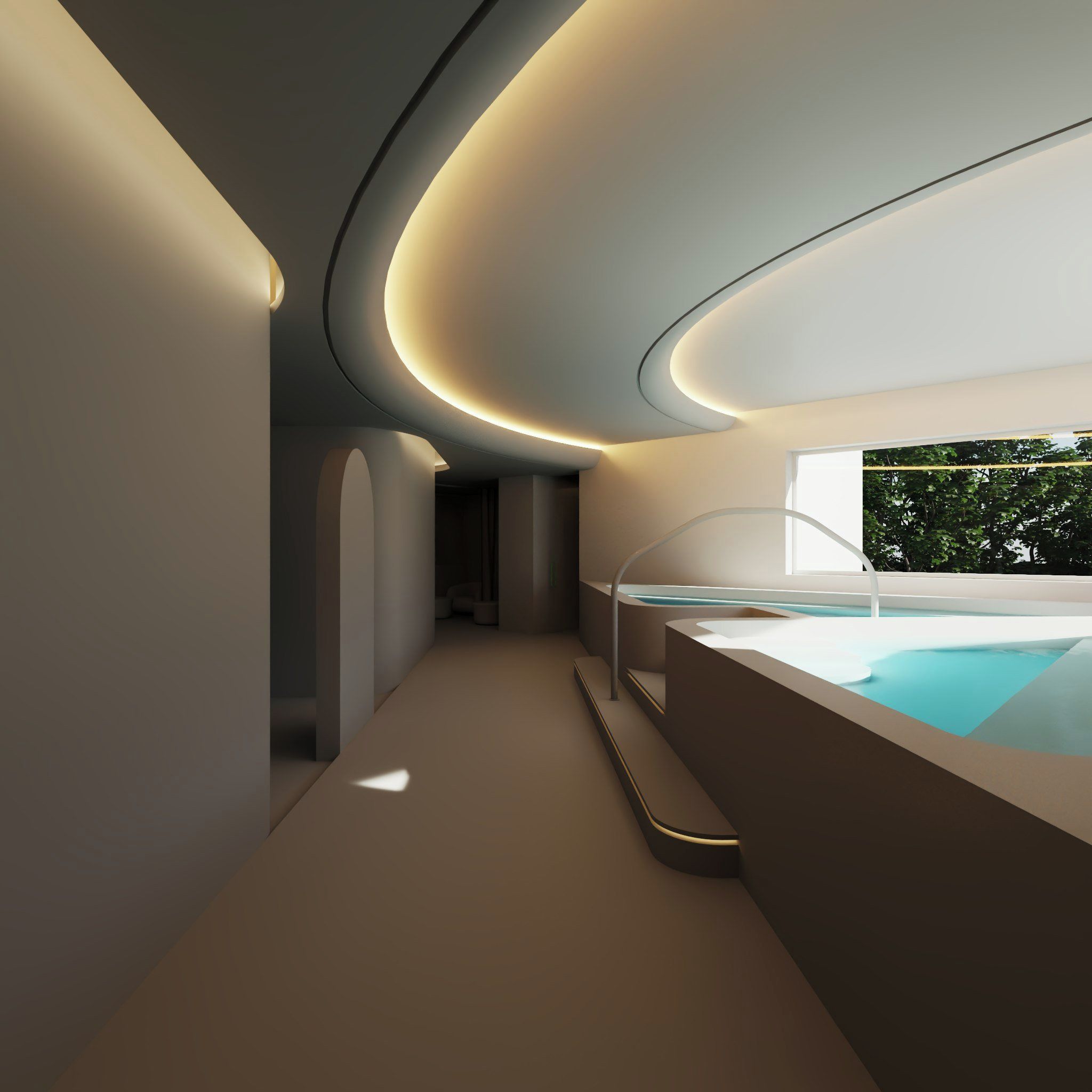 Un interior moderno con techo curvo, una zona de piscina y vistas al paisaje exterior.