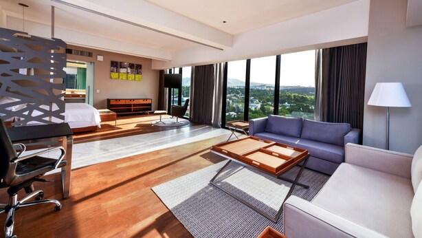 Habitación de hotel moderna con una cama grande, un sofá, un escritorio y vistas a la ciudad.