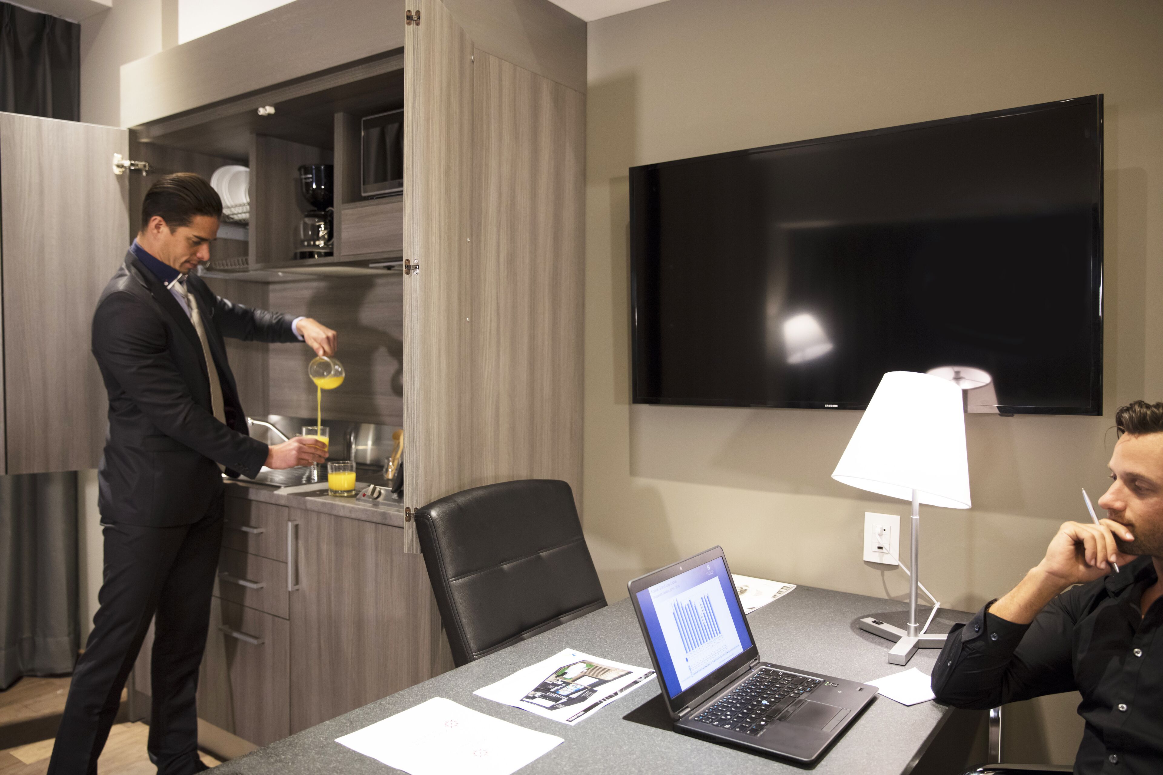 mini-fridge, microwave, coffee/tea maker, cookware/dishes/utensils