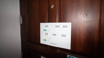 Puerta de una habitación de hotel con un cartel que muestra los números de las habitaciones y una salida de incendios.