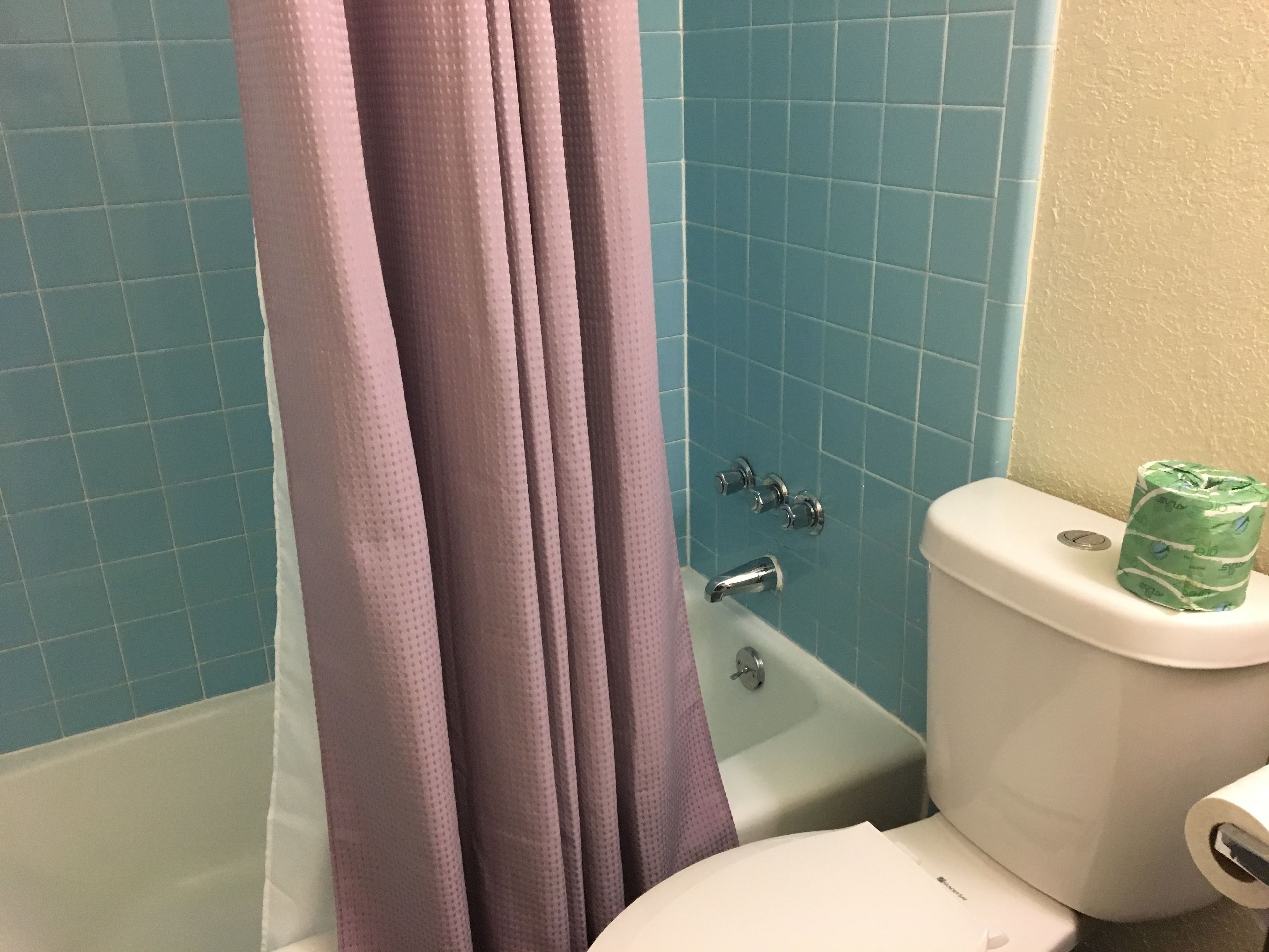 Un baño con bañera, inodoro y cortina de ducha.