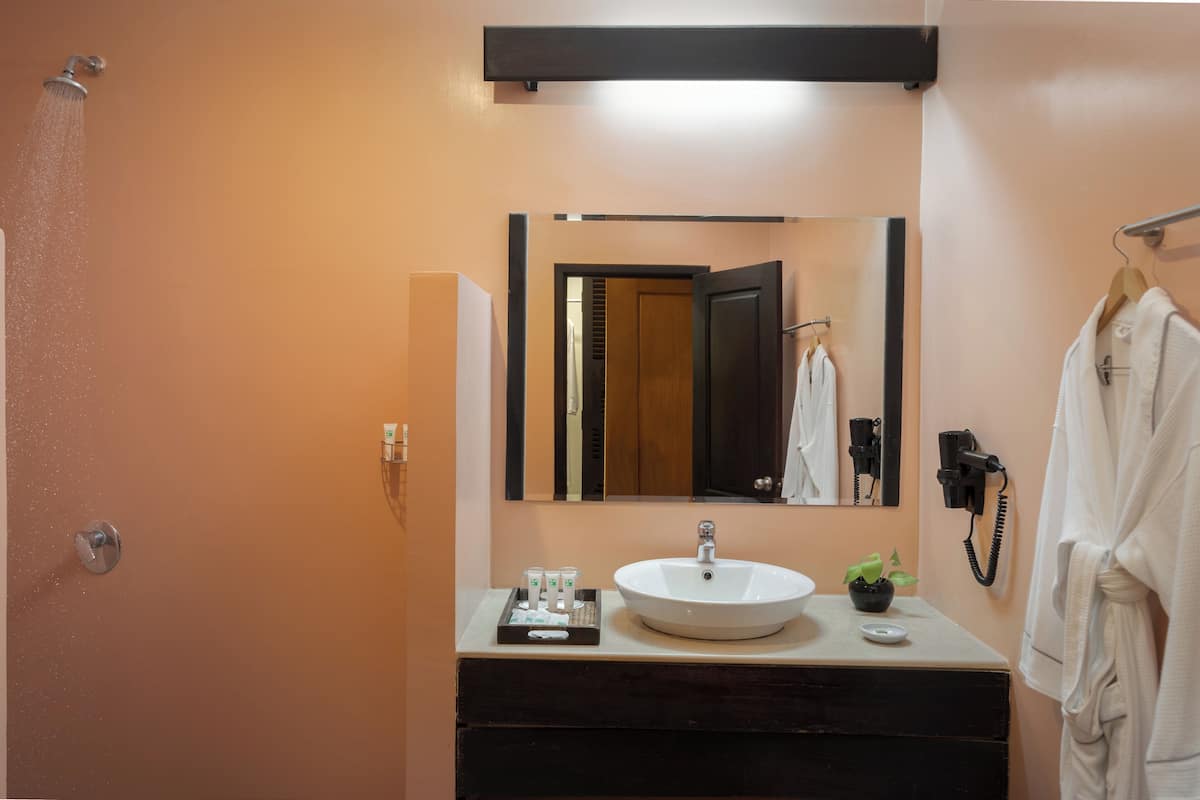 rainfall showerhead, free toiletries, hair dryer, slippers