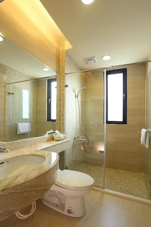 Un baño moderno con ducha de vidrio, lavamanos de mármol y un inodoro.