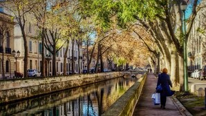 A canal lined with trees and buildings, a person walking on the sidewalk, and a bridge in the distance. - "Diva"' apartment with unique atmosphere in a prime location (Nîmes)