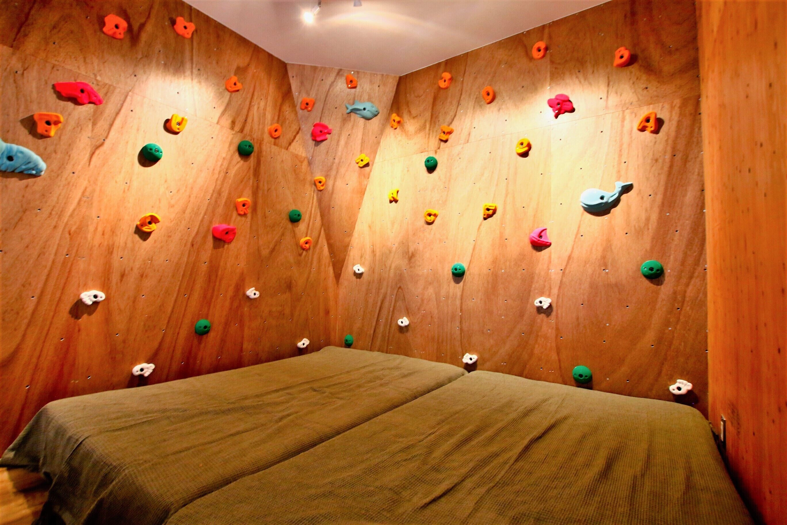 Un mur d’escalade avec des prises de différentes couleurs et un lit au premier plan.