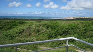 Un paysage côtier offrant une vue sur la mer, avec un terrain herbeux et une rambarde en métal.