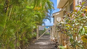 Un sendero conduce a una entrada con portón, rodeada de exuberante vegetación tropical.