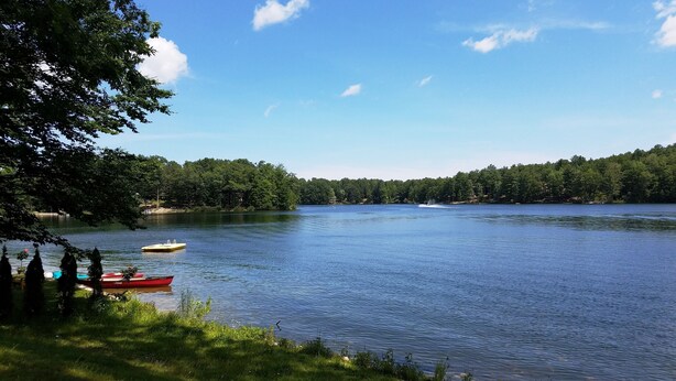 A calm lake with boats, surrounded by dense forest.