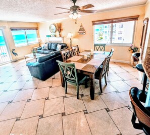 Open living room and dining area.