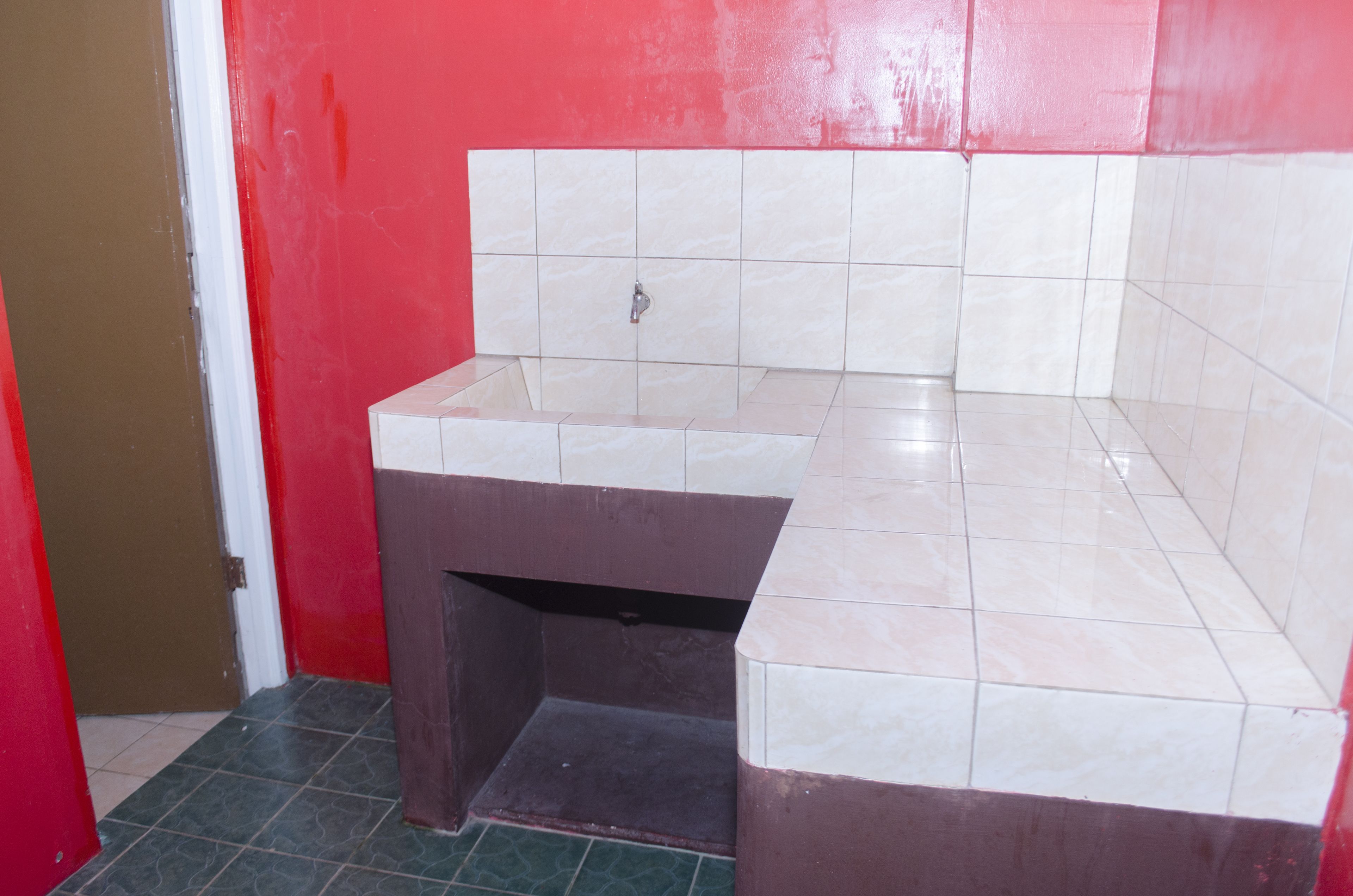 A bathroom with a white sink, red walls, and a brown door.