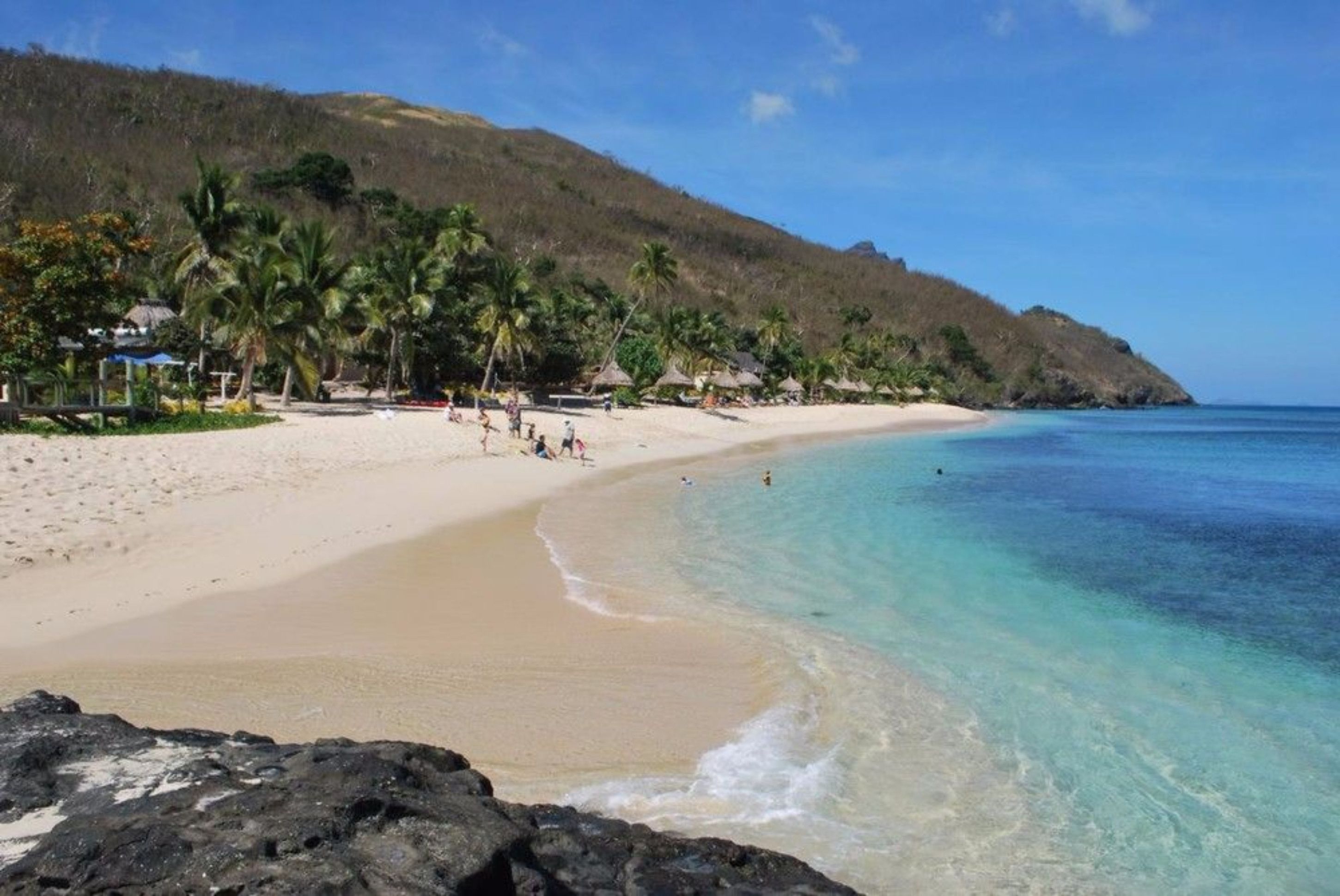 Una playa con aguas turquesas cristalinas, orilla arenosa y palmeras.