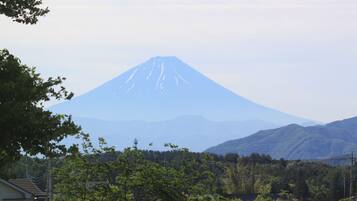 A mountain with a conical shape, surrounded by greenery and houses.