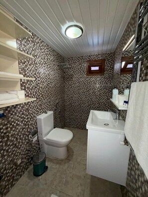 Un baño pequeño con inodoro, lavabo y paredes con azulejos.