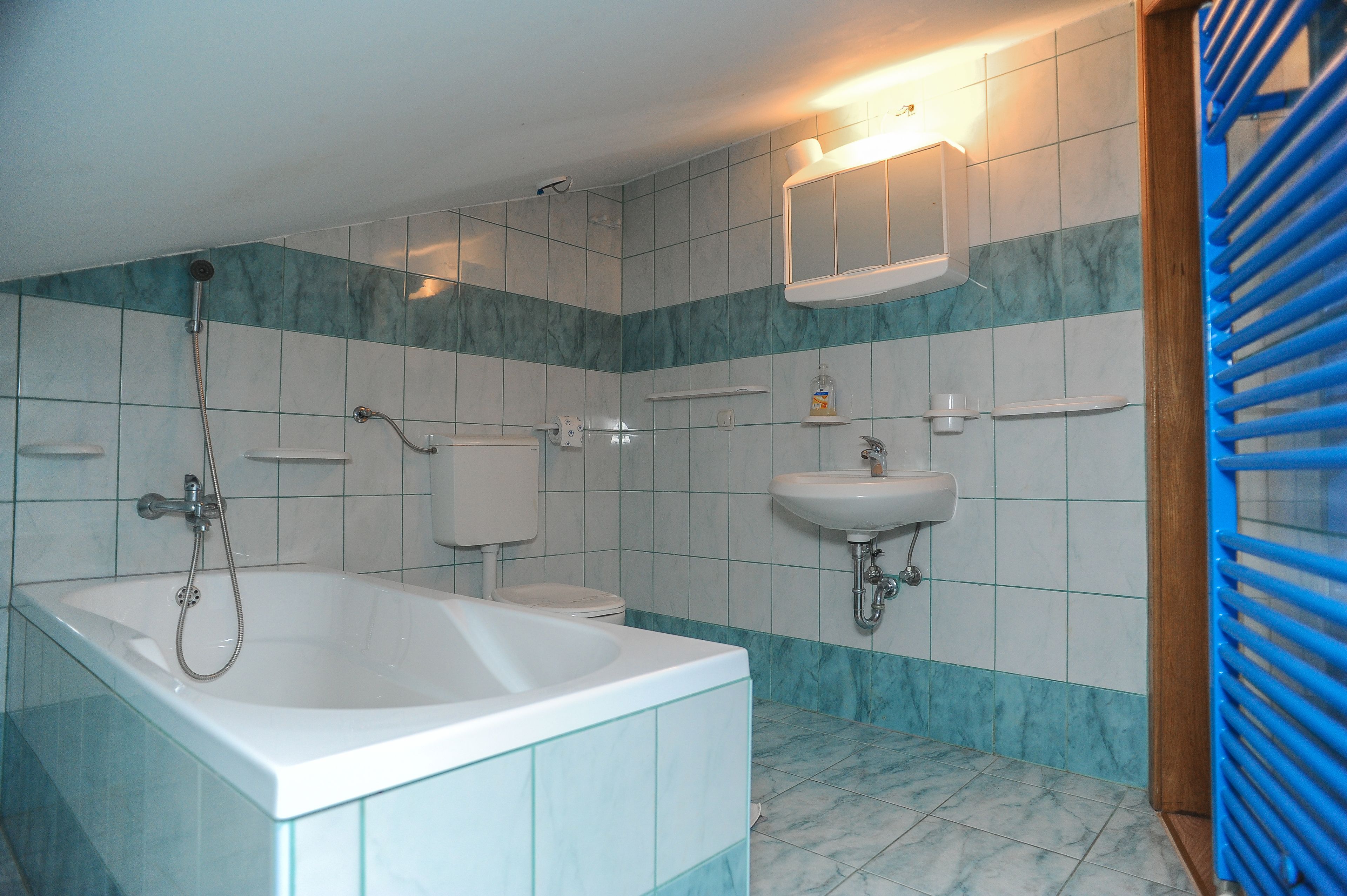 Un bagno con vasca, WC, lavandino e doccia.