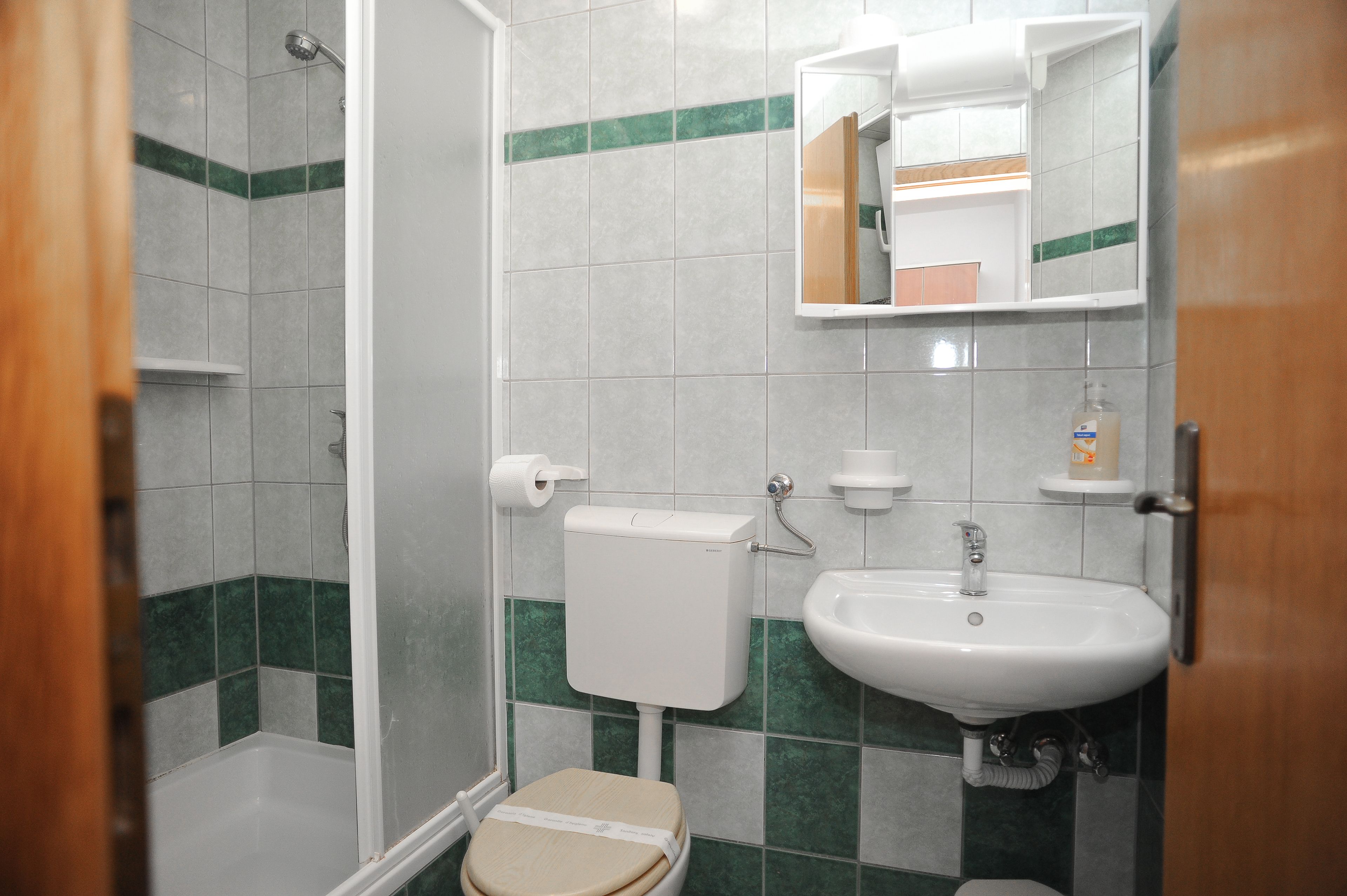 A bathroom with a shower, toilet, sink, and mirror.