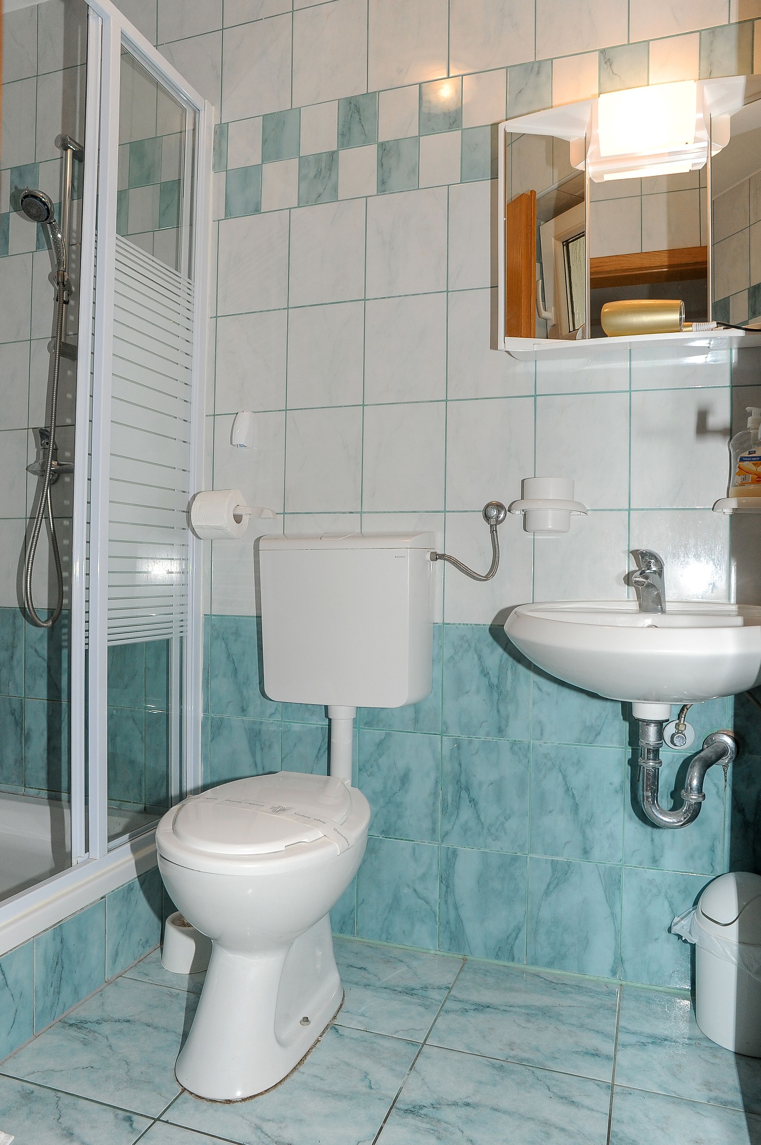 A bathroom with a toilet, sink, and shower.