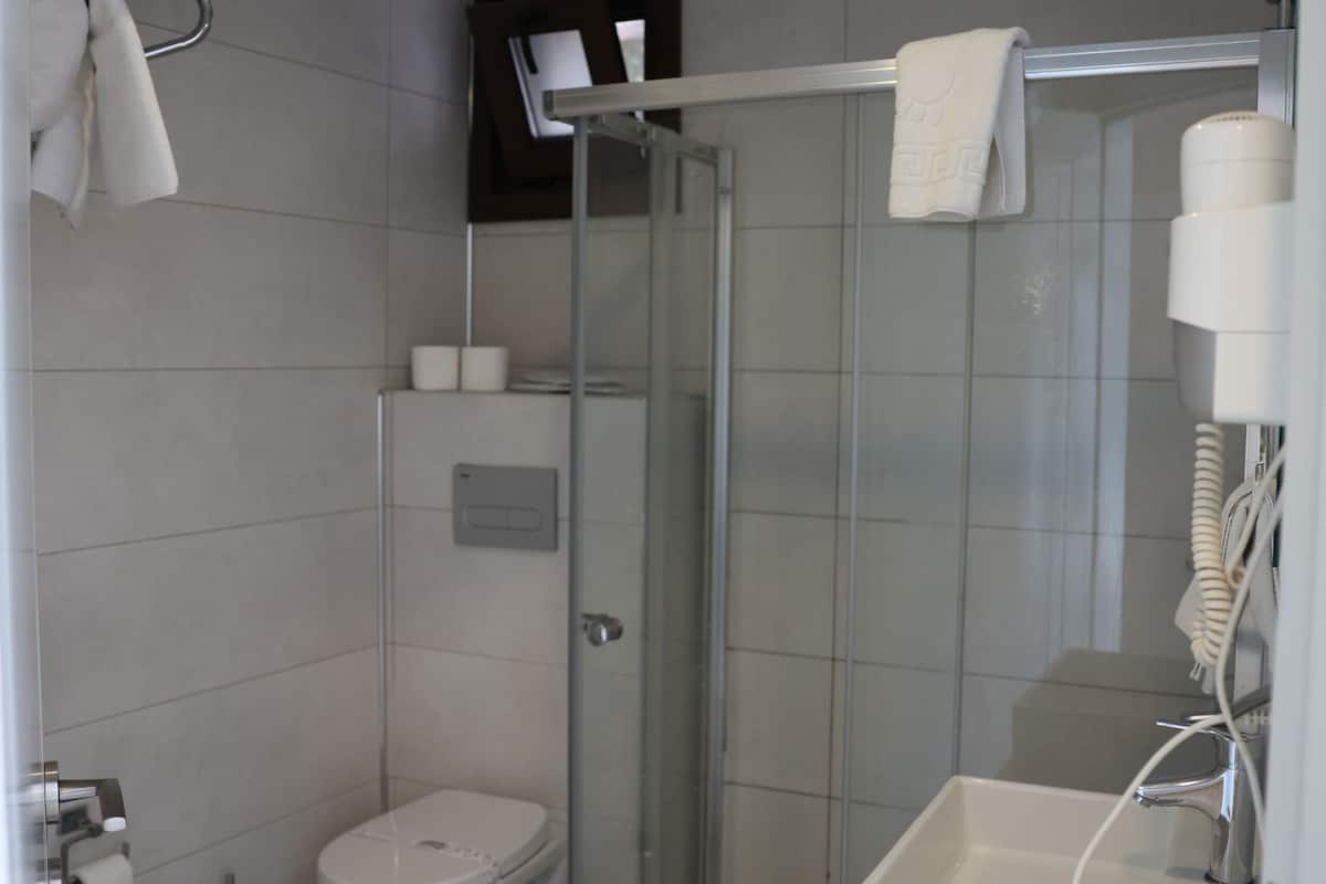 deluxe double room | bathroom | shower, free toiletries, hair dryer, slippers