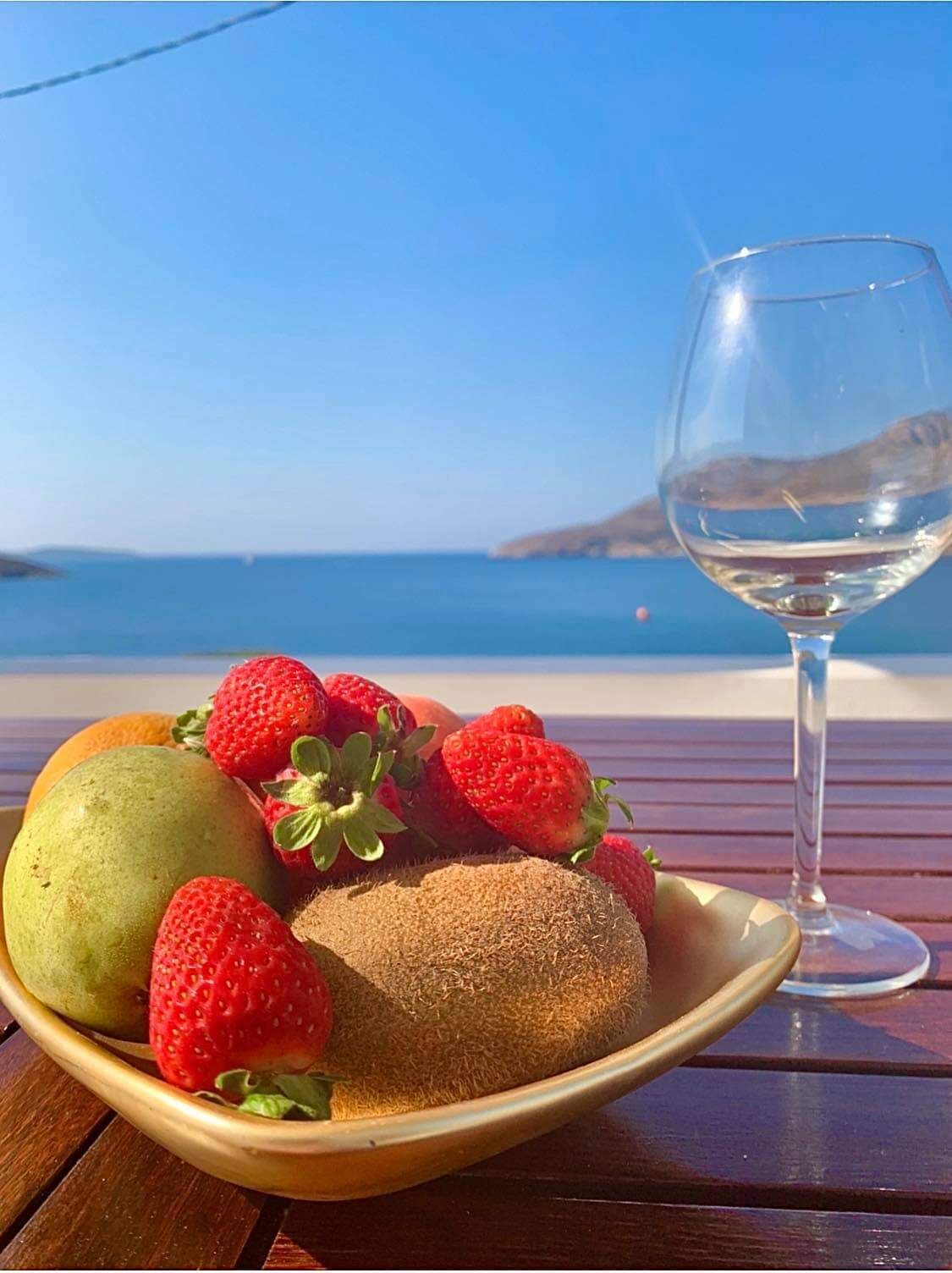 A plate of fruit and a glass of white wine on a wooden table with a view of the sea and a clear sky.