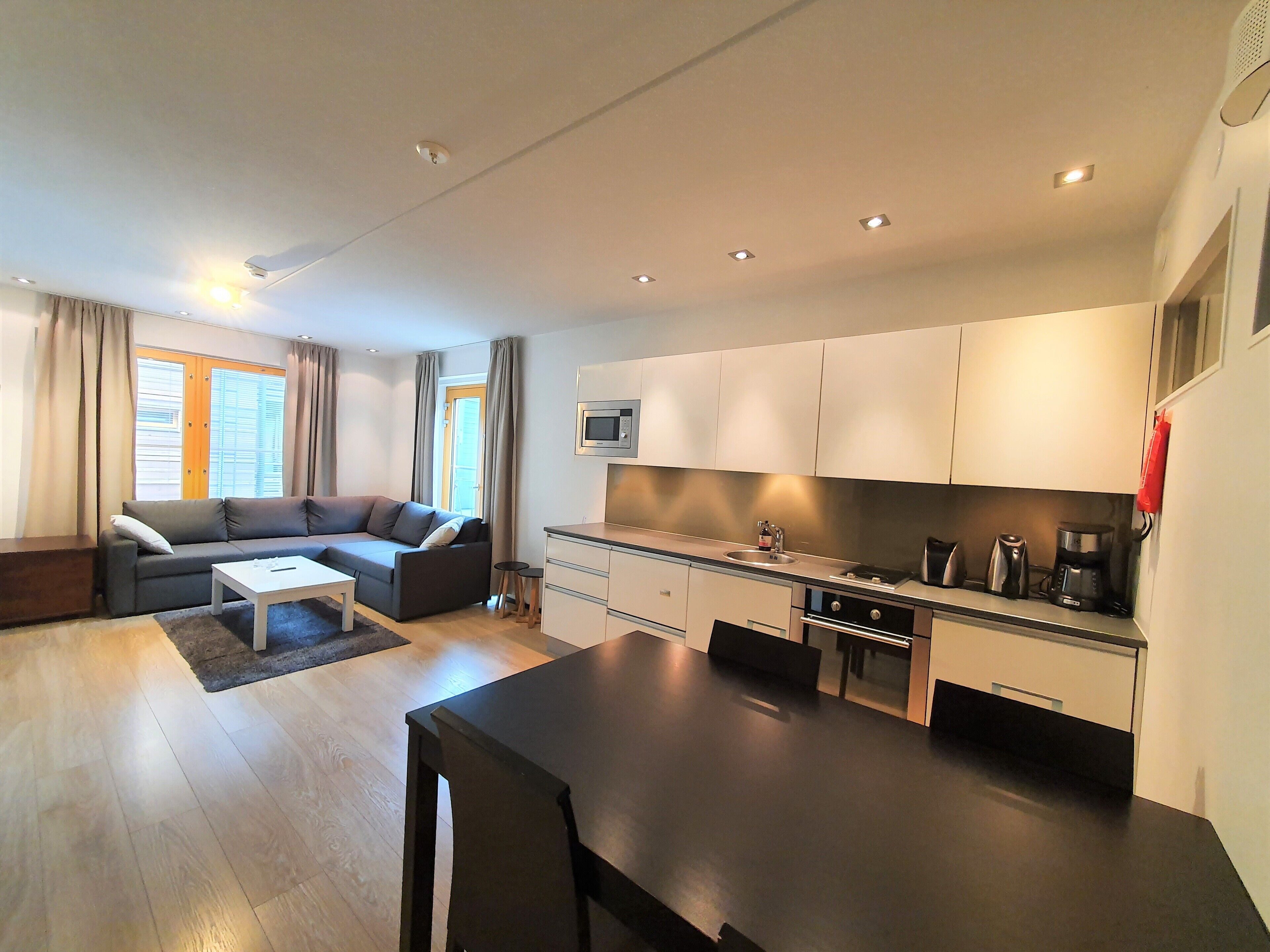Un apartamento moderno con sala de estar, cocina y comedor.