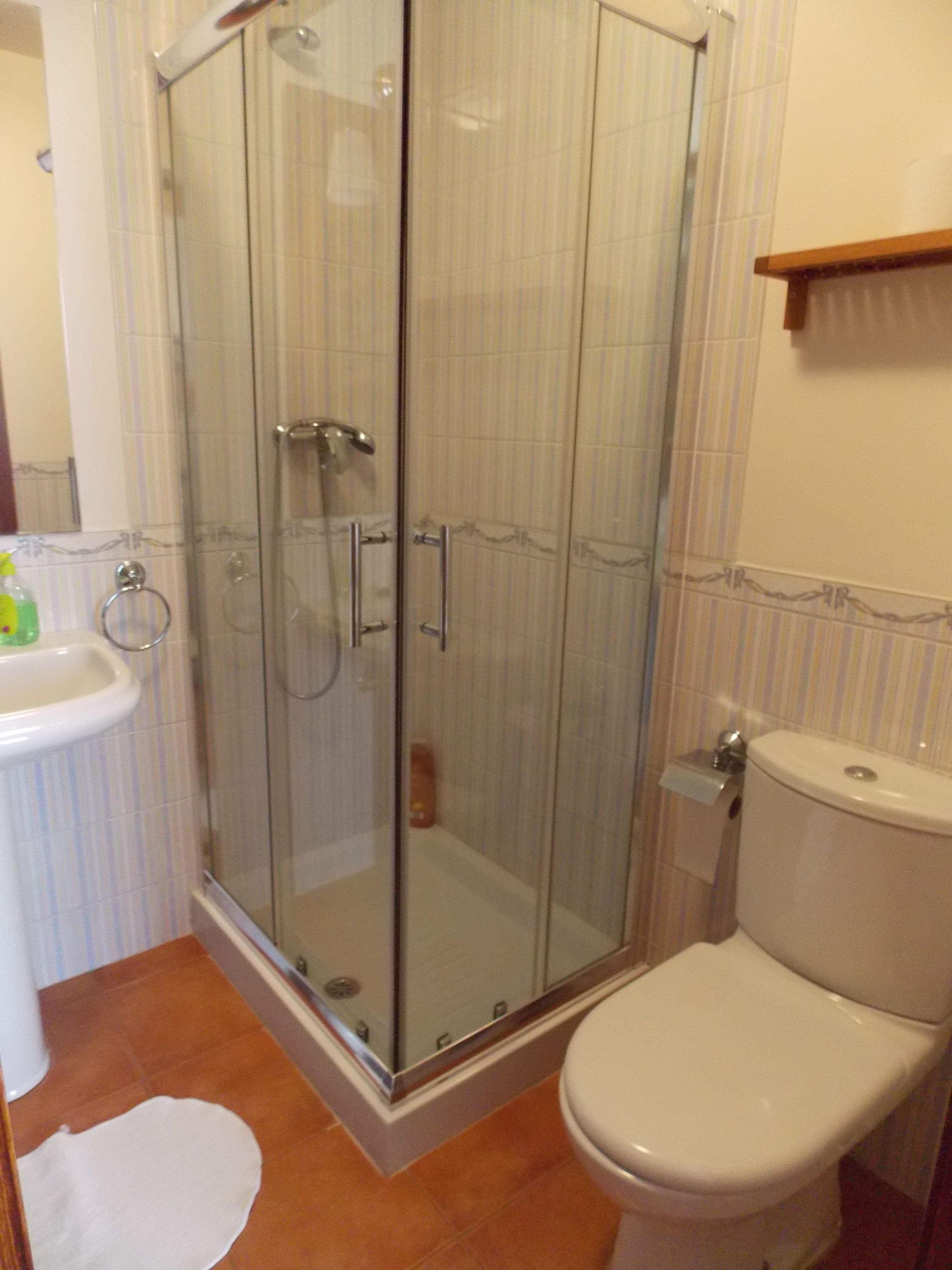 A bathroom with a glass-enclosed shower, a toilet, and a sink.