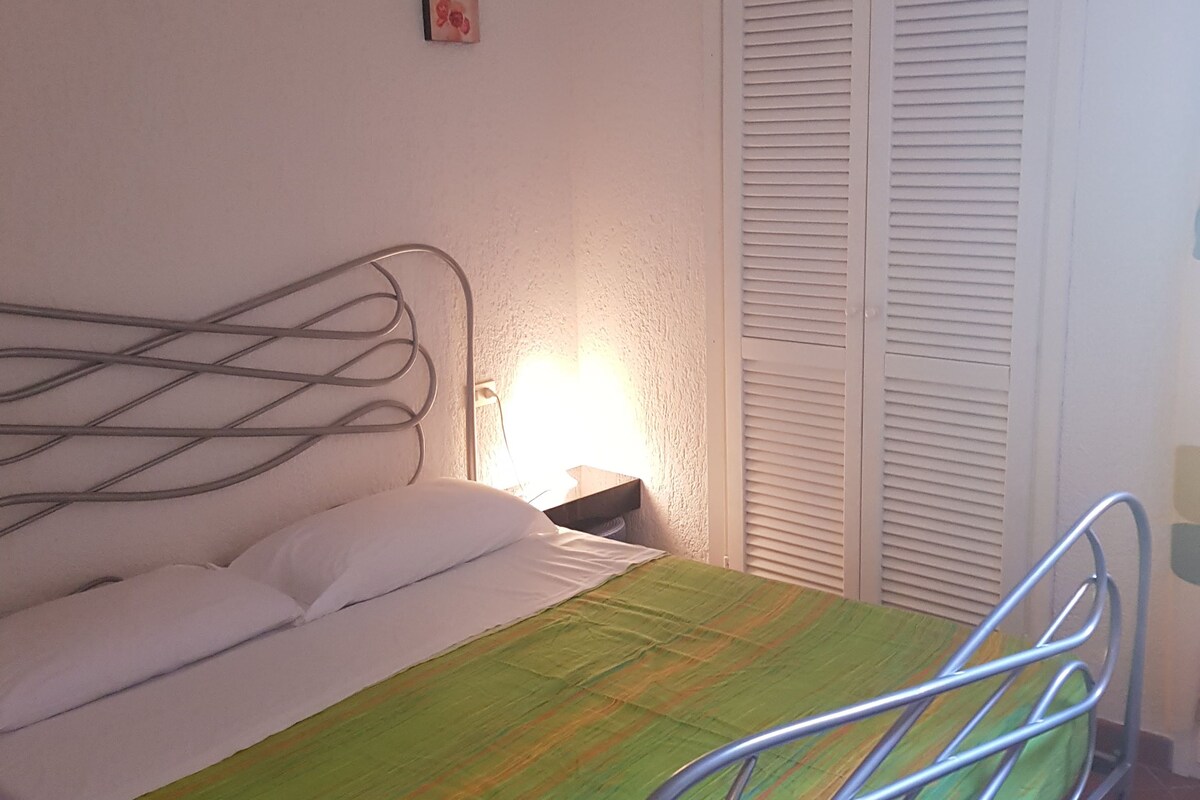 A single bed with a metal frame, a green and yellow striped bedspread, white pillows, and a nightstand with a lamp. There is a white door with louvered shutters to the right.