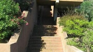 Una escala de formigó que porta a l'entrada d'un edifici, envoltada de vegetació i un cel serè.