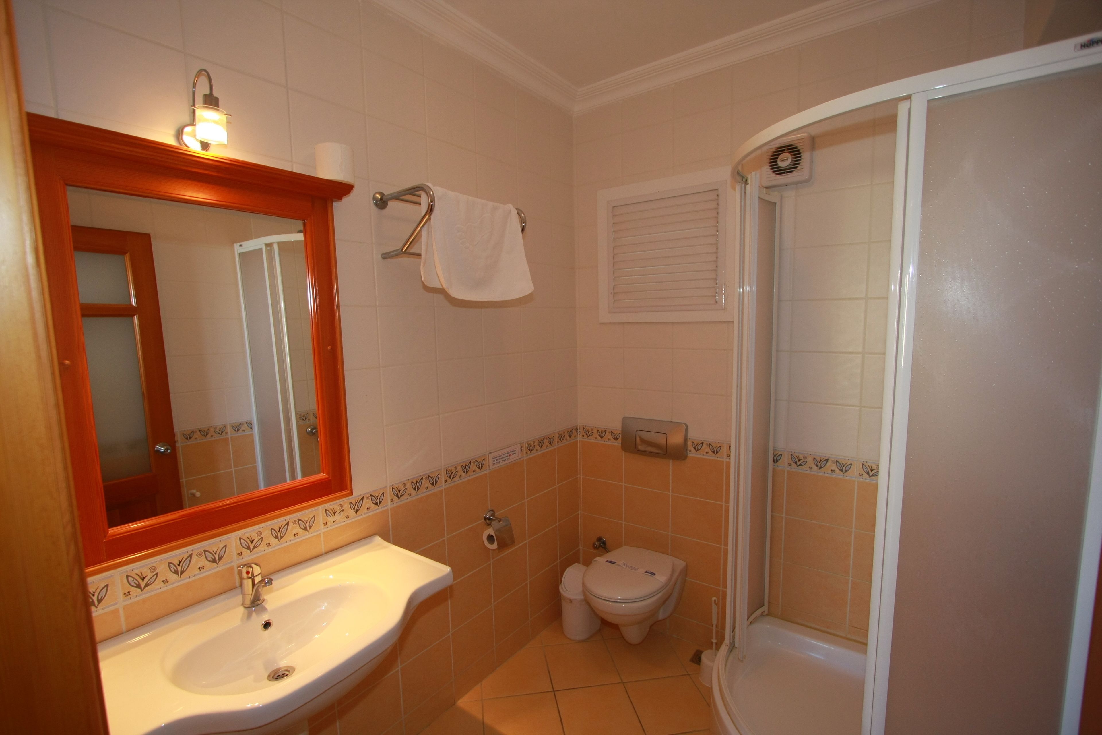 A bathroom with a sink, toilet, and shower.