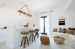 House, 3 Bedrooms | Living room | 32-inch flat-screen TV with cable channels, TV - Le Blanc Suite (Santorini)