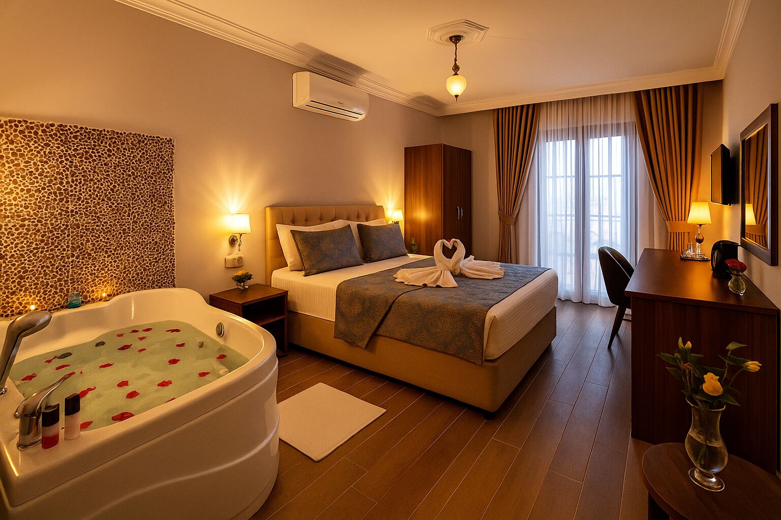 A hotel room with a large bed, a separate bathroom with a jacuzzi, a desk, and a large mirror.