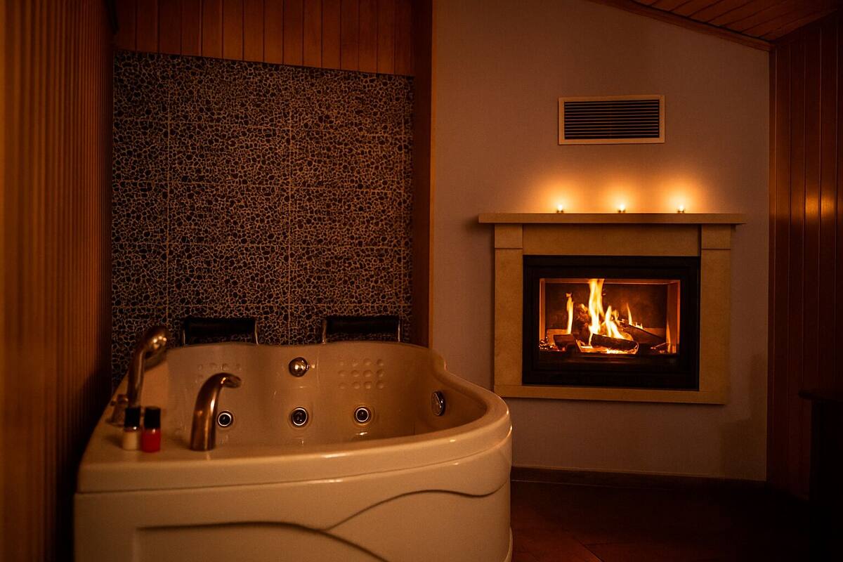 A bathroom with a freestanding bathtub, a fireplace, and a textured wall.