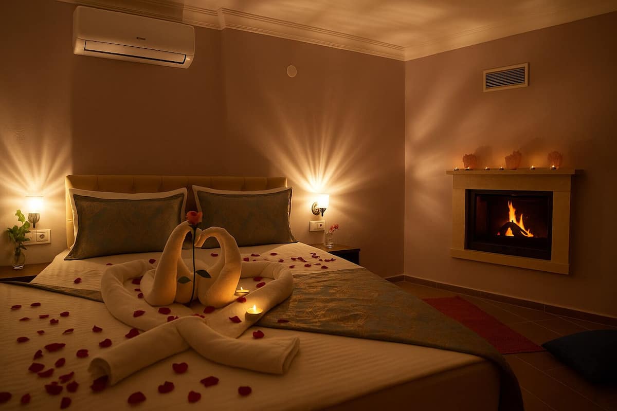 A hotel room with a bed, a fireplace, and two wall-mounted lamps.
