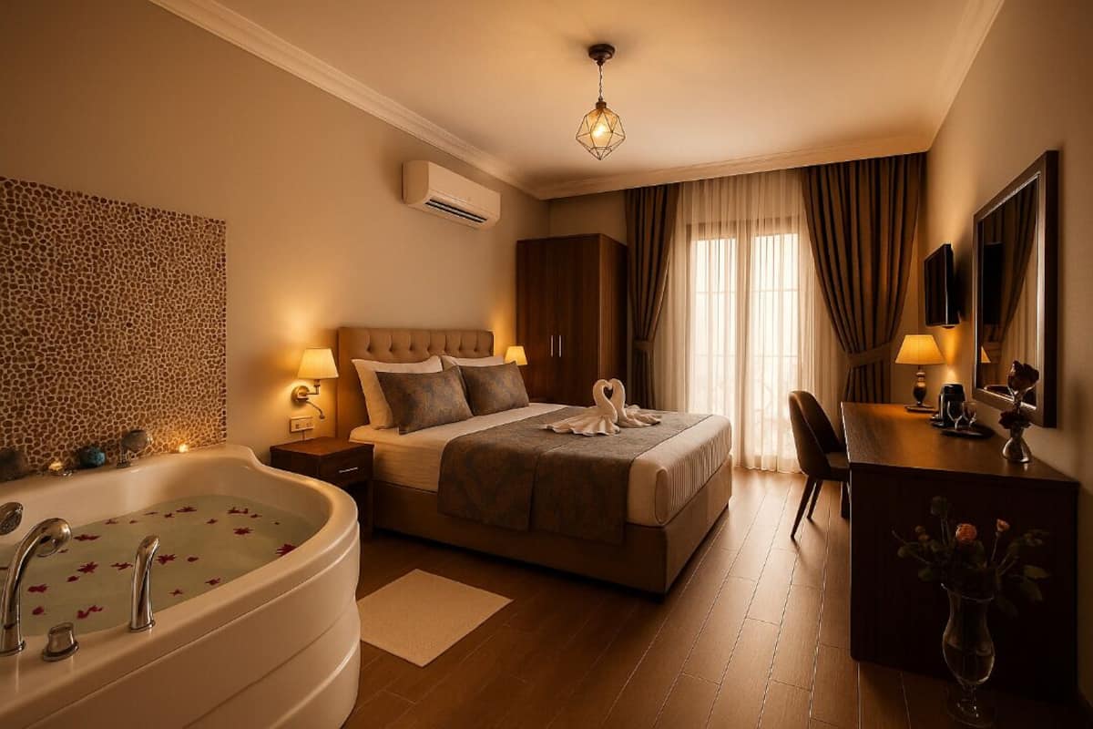 A hotel room with a large bed, a sitting area, a desk, a vanity, and a bathtub.