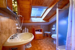A compact, wooden-floored bathroom with a skylight, a large sink, a toilet, and a shower area. - Meuble Cima Bianca Garni (Bormio)