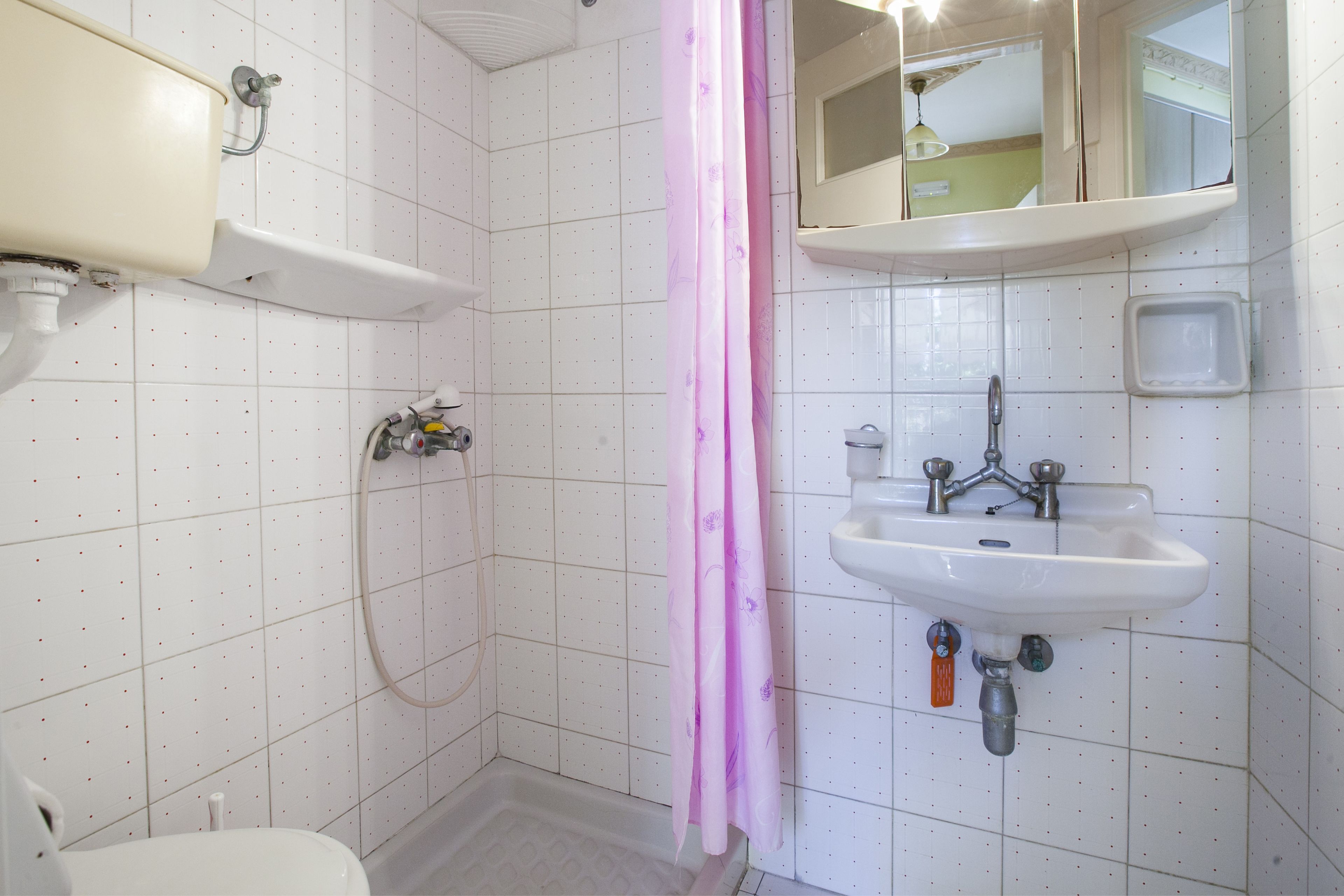 A bathroom with a shower, toilet, sink, and a mirror above the sink.