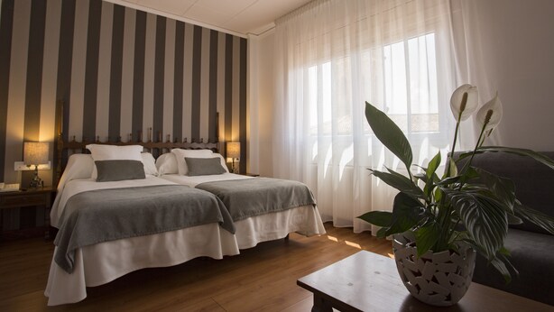 Habitación de hotel con dos camas, un ventanal con cortinas traslúcidas, suelo de madera y una planta en maceta sobre una mesa.