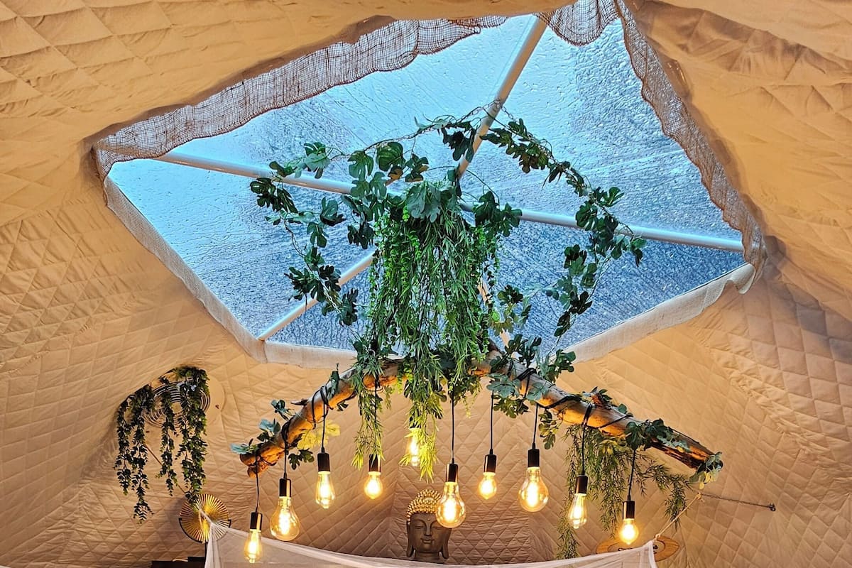 Una carpa con cama, plantas colgantes y luces de cadena.