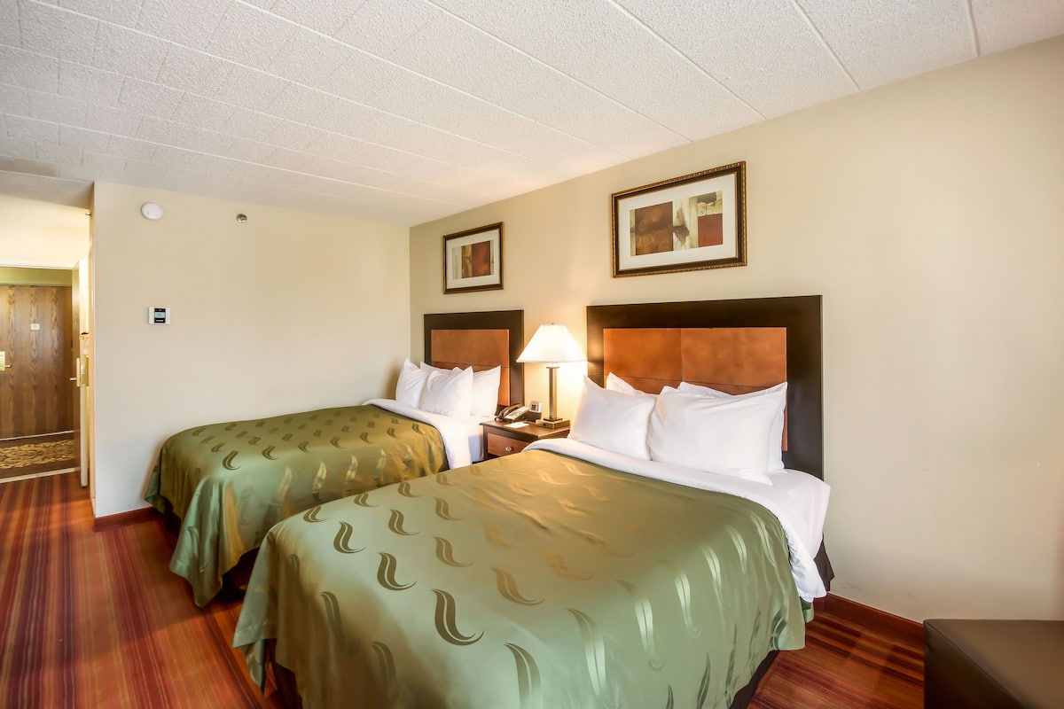 A hotel room with two beds, a nightstand with a lamp, and a framed picture on the wall.