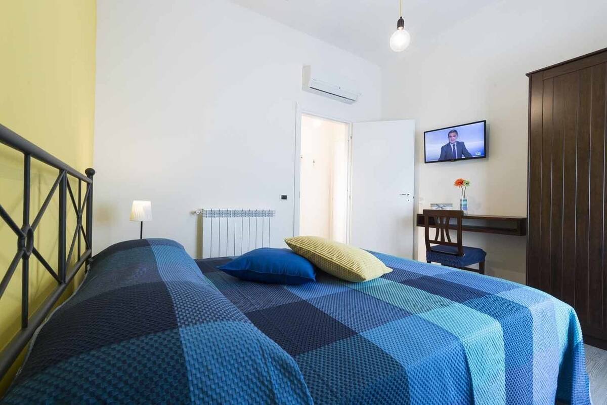 Un dormitori amb llit, escriptori, televisió i armari.