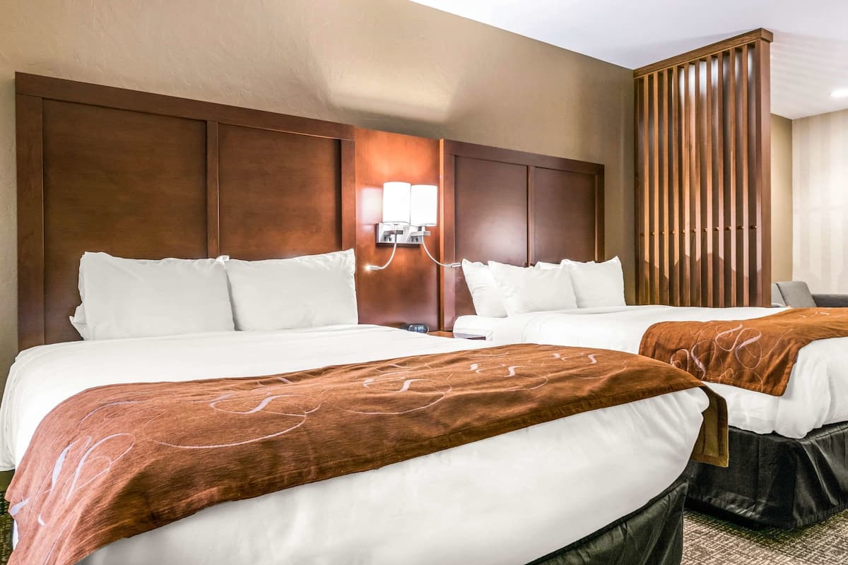 premium bedding, desk, laptop workspace, iron/ironing board