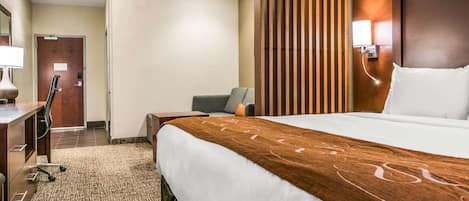 Premium bedding, desk, laptop workspace, iron/ironing board